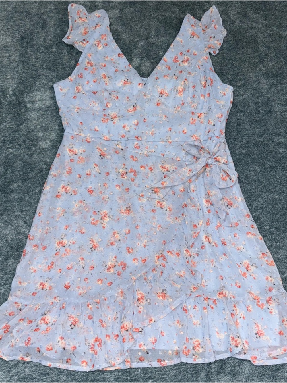 Dee Elly Blue Floral Wrap Front Mini Dress Women’s Size Large
